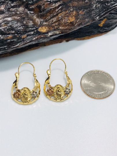 14K Gold Filled Our Lady of Guadalupe Hoop Basket Earrings 3 Color / Argollas de la Virgen de Guadalupe En Oro Laminado / Christmas Gift / Valentines Day Gift