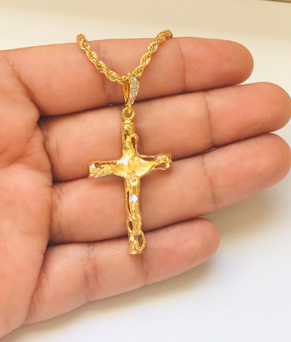 18K Gold Filled Cross Necklace, Religious Necklace 24" Cross Pendant 43x26mm