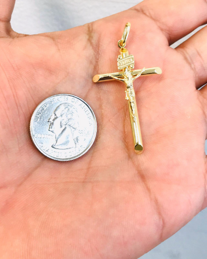 INRI-14K Yellow Gold Classic Cross Pendant With Jesus Christ 44x26mm