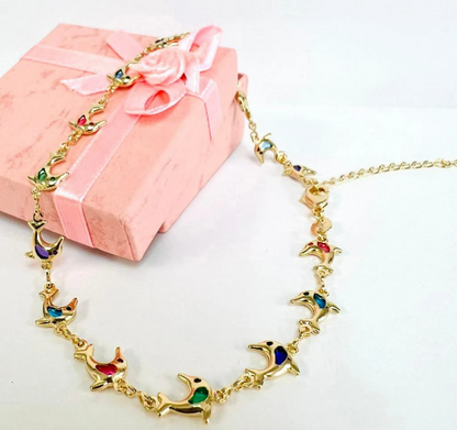 Dainty Multi Color Gemstone Dolphin Anklet Bracelet Girls Ladies Womes Bracelet for Foot 10" Gold Filled Body Jewelry Pulsera de Pie Delfín