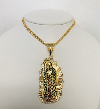 14K Gold Filled Virgen de Guadalpe Necklace 24” Pendant CZ Stones Mexican Flag 56x30mm