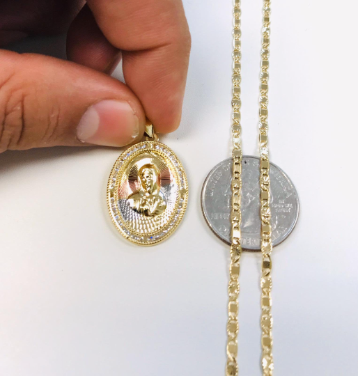 14K Gold Filled Virgin Mary Necklace Set 20", Tri-Color Pendant With CZ Diamond 28x20mm / Everyday Necklace/ Virgen Mary Pendant / Dije de la Virgen Maria