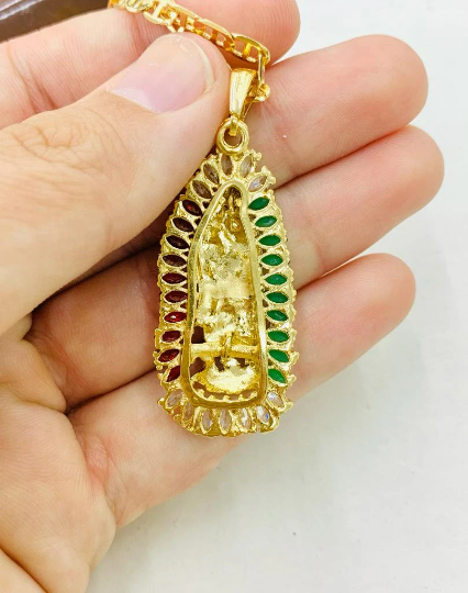 CZ Virgen de Guadalupe Necklace Mexican CZ Stones Pendant 44x20 in Gold Filled Guadalupe Charm Pendant Mariner Link Chain Dije de Guadalupe