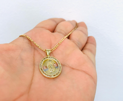 14K Gold Filled Virgen de Guadalupe Pendant Necklace 24x18mm CZ Stones Pendant / Dije de Guadalupe y Cadena Figaro Link