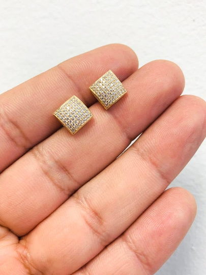 CZ Stud Gold Earrings Push Back / 10K Solid Yellow Gold Womens Earrings 9x9mm