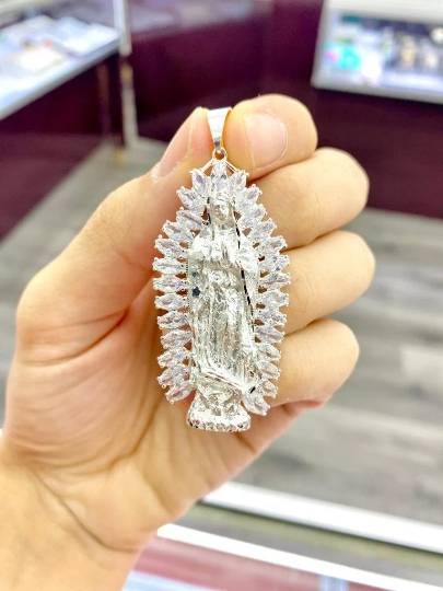 Virgen de Guadalupe Pendant CZ Sterling Silver Medalla de la Guadalupe Mens Womens Pendant