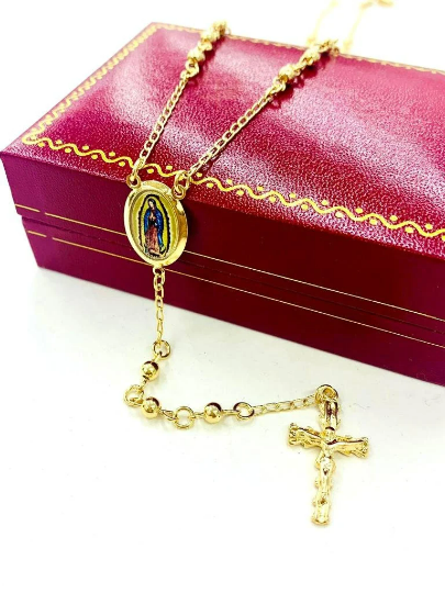 Rosario de la Virgen de Guadalupe 14K Gold Filled Rosary Necklace Cross Pendant