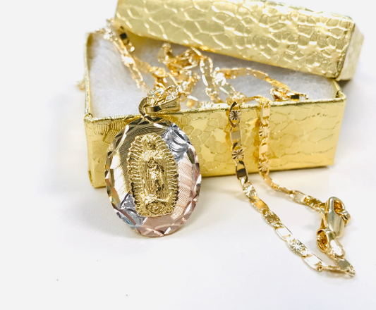 14k Gold Filled Virgen de Guadalupe Necklace & Pendant 20" 26x18mm / Dije Tre Colores de Guadalupe Con Cadena en Oro Laminado Para Mujer
