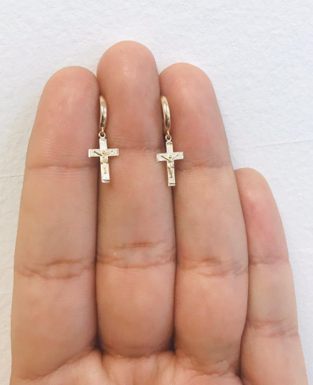 Cross Dangling Earrings / 10K Yellow Gold Jesus Cross Dangling Earrings