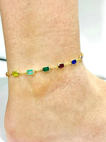 CZ Multi Color Anklet Bracelet 10" for Womens Bracelet for Foot Everyday Jewelry Gold Bracelet Stones Pulsera de Pie para Mujer Oro Laminado