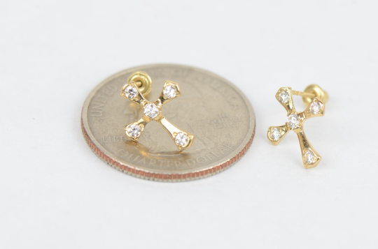 14K Yellow/White Gold Crucifix Earrings Screw Back, Cross Gold Earrings, CZ Stud Earrings