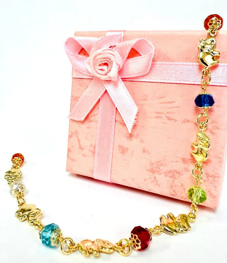 Pulsera de Pie en Oro Laminado para Mujer de Elefante/ Everyday Anklet Bracelet/Elephant Anklet bracelet 10"/Multicolor Stones/Foot Bracelet