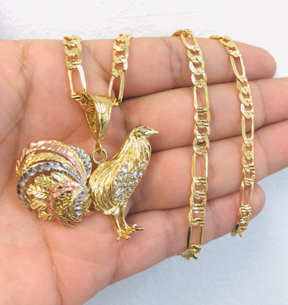 18K Gold Filled Chicken Rooster Necklace 24” Figaro Chain 33x45mm / Chicken Rooster Pendant Jewelry For Mens / Cadena y Dije de Gallo en OroHombre