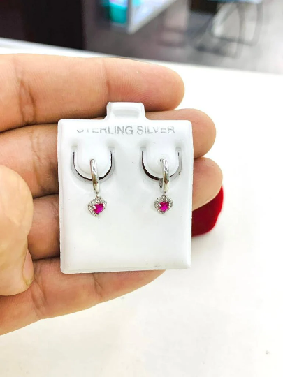 CZ Birthstones Heart Silver Huggies Hoop Earrings 10mm Baby Girls Jewelry