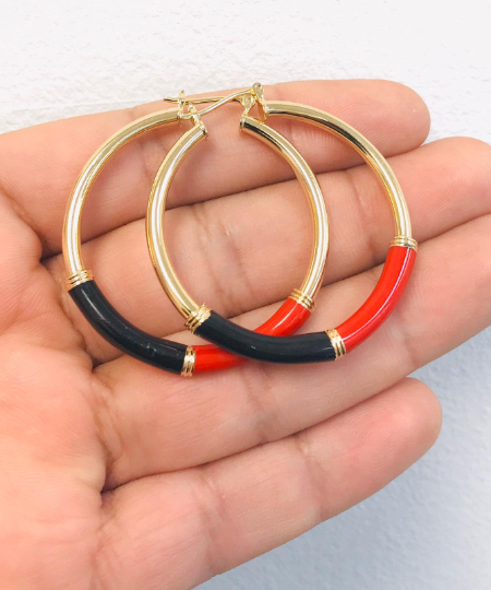 Azabache Hoop Earrings, 14K Gold Filled Hoop Earrings, Gold Black And Red Hoops Earrings for Womens / Argollas Arracadas de Azabache Oro Laminado