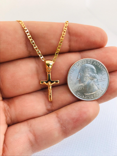 18K Gold Filled Cross Necklace, Mariner Link Chain, Flat Cross Pendants 19x11mm / Women's Cross Necklace / Cadena y Dije de Cruz Oro Laminado