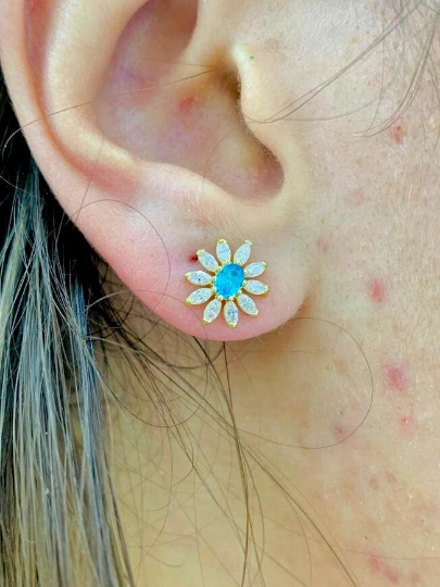 Dainty Birthstones Earrings Flower CZ Turquoise Stones 14K Yellow Gold Stud Earrings 10x10 for Womens Tiny Everyday Earrings Womens Jewelry