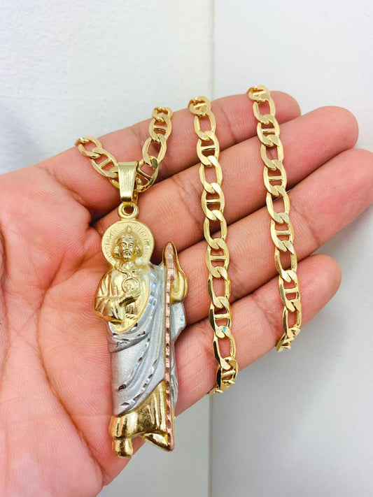 18K Gold Filled San Judas Pendant Necklace 24" 2.5"x1" 20g 6mm For Mens