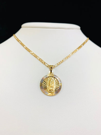 Virgen de Guadalupe Necklace Gold Filled Guadalupe Pendant 21x18mm Figaro Link Chain for Womens 20" / Cadena de la Guadalupe en Oro Laminado para Mujer