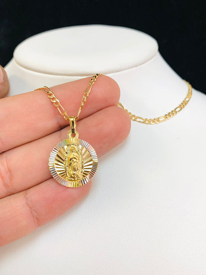 Virgen de Guadalupe Necklace Gold Filled Guadalupe Pendant 21x18mm Figaro Link Chain for Womens 20" / Cadena de la Guadalupe en Oro Laminado para Mujer