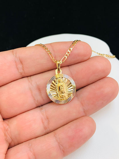 Virgen de Guadalupe Necklace Gold Filled Guadalupe Pendant 21x18mm Figaro Link Chain for Womens 20" / Cadena de la Guadalupe en Oro Laminado para Mujer