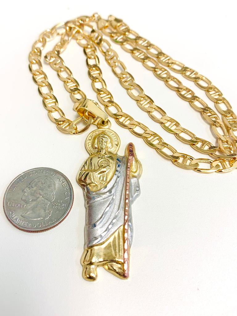 18K Gold Filled San Judas Pendant Necklace 24" 2.5"x1" 20g 6mm For Mens