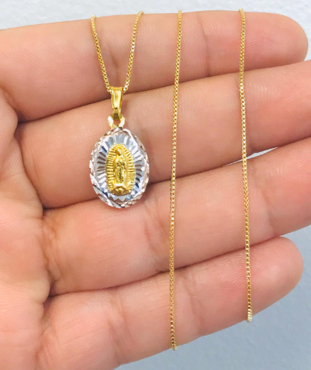 18K Gold Filled Diamond Cut Guadalupe Necklace Box Link 20x13mm 20"  / Cadena y Dije de Guadalupe