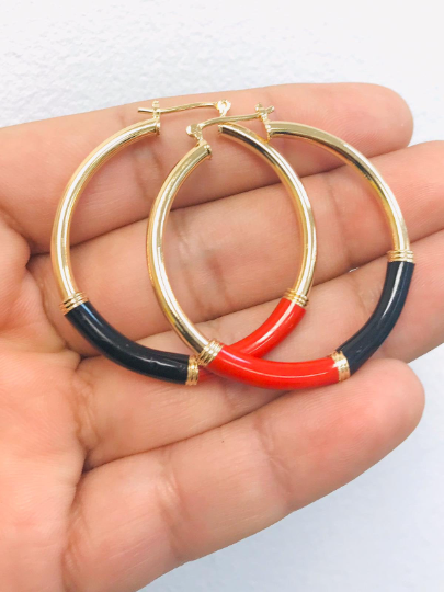 Azabache Hoop Earrings, 14K Gold Filled Hoop Earrings, Gold Black And Red Hoops Earrings for Womens / Argollas Arracadas de Azabache Oro Laminado