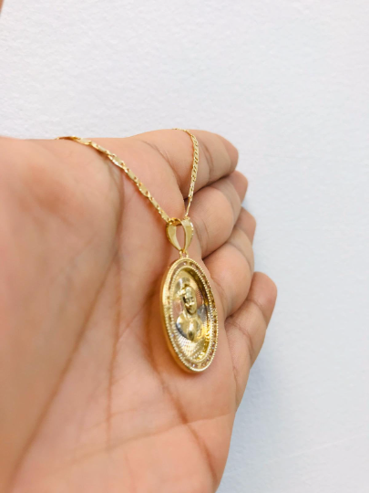 14K Gold Filled Virgin Mary Necklace Set 20", Tri-Color Pendant With CZ Diamond 28x20mm / Everyday Necklace/ Virgen Mary Pendant / Dije de la Virgen Maria