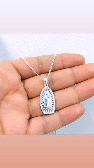 Virgen de Guadalupe Necklace 18” Sterling Silver For Women 28x13mm / Diamond Cut Guadalupe Necklaces / Cadena y Dije de la Guadalupe Plata Pura