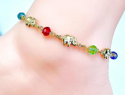 Pulsera de Pie en Oro Laminado para Mujer de Elefante/ Everyday Anklet Bracelet/Elephant Anklet bracelet 10"/Multicolor Stones/Foot Bracelet