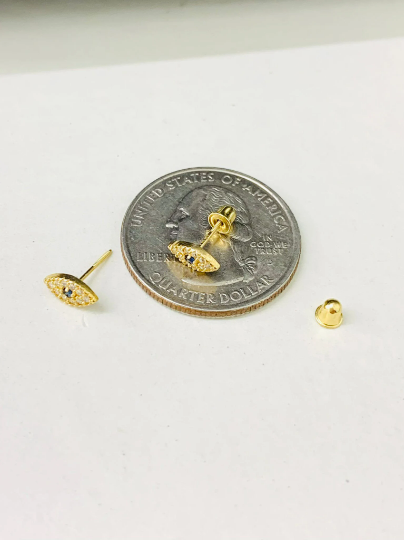 Dainty Evil Eye CZ Stud Earrings Screw Back 14K Yellow Gold 4x8mm for Women's Sapphire Stones Earrings for Everyday Aretes de Ojo Turco Oro