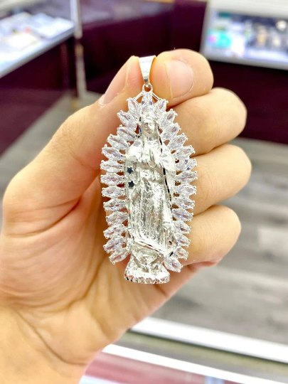 Virgen de Guadalupe Pendant CZ Sterling Silver Medalla de la Guadalupe Mens Womens Pendant