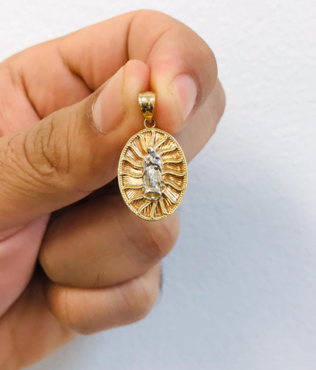 14K Real Gold Diamond Cut Virgen de Guadalupe Pendant 22x15mm