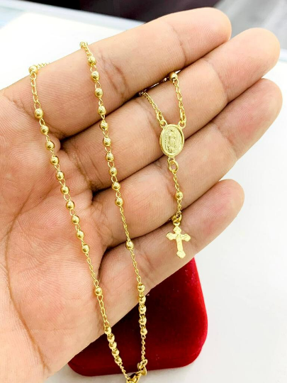 Rosario de la Virgen de Guadalupe Para Ninos Gold Guadalupe Rosary Necklace for Baby Kids 16"