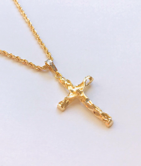 18K Gold Filled Cross Necklace, Religious Necklace 24" Cross Pendant 43x26mm