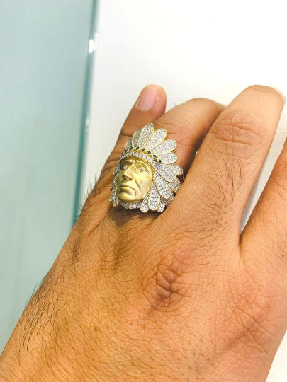 14K Solid Gold 1.40ctw Real Diamond "Native American" Men's Rings #10 Indian Head Ring