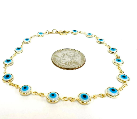 Light Blue Evil Eye Anklet Bracelet for Womens in Gold Filled Bracelet for Foot 10" Protection Jewelry Bracelet Pulsera de Pie Ojo Turco Oro