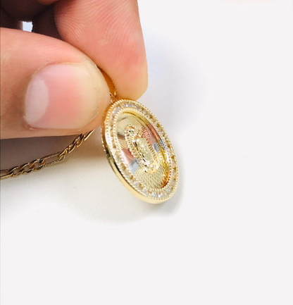 14K Gold Filled Virgen de Guadalupe Pendant Necklace 24x18mm CZ Stones Pendant / Dije de Guadalupe y Cadena Figaro Link