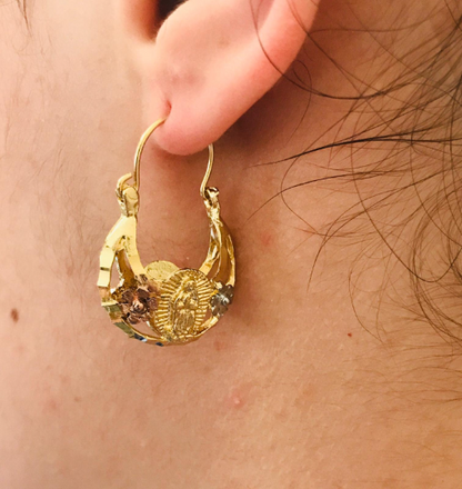 14K Gold Filled Our Lady of Guadalupe Hoop Basket Earrings 3 Color / Argollas de la Virgen de Guadalupe En Oro Laminado / Christmas Gift / Valentines Day Gift