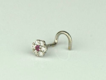 14k Yellow and White Gold CZ Nose Piercing Stud Nose Ring Diamond CZ Ruby Flower Brithstones Nose Piercing / Aretes de la Nariz en Oro Solido Real de Flor con Piedra de Nacimiento Para Mujer