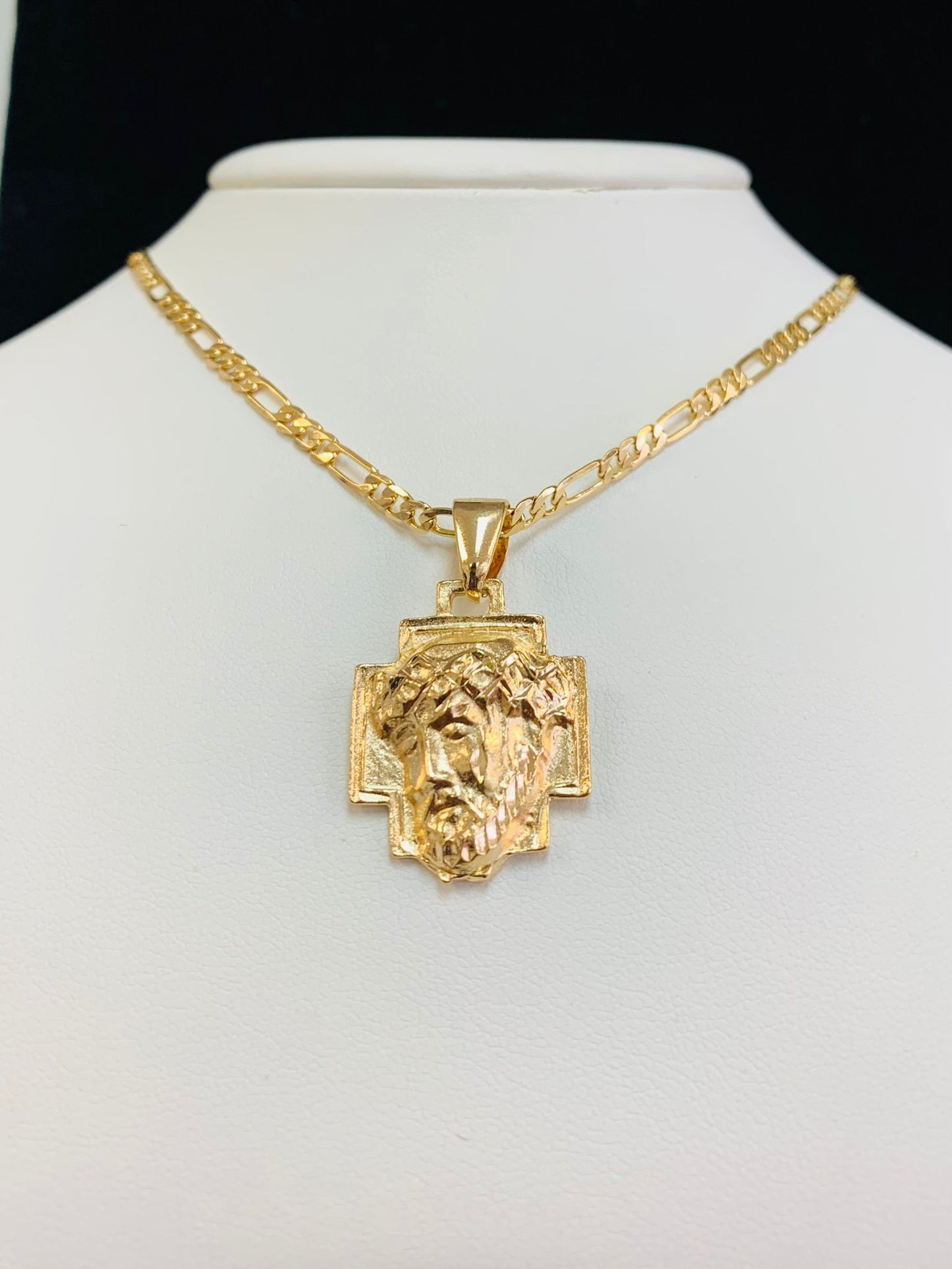 Jesus Christ Head Necklace • Jesus Head Pendant • Gold Filled Necklace • Figaro Link Chain 22"