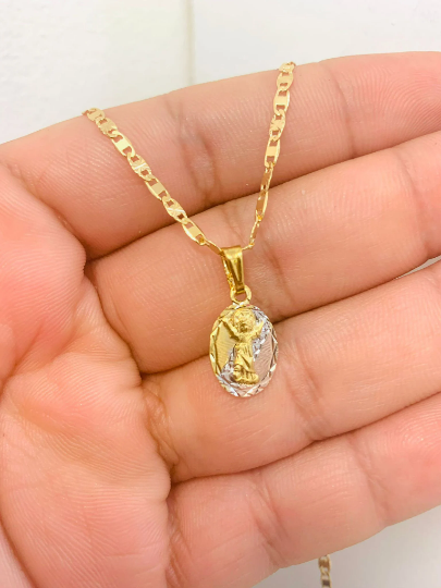 Divino Niño Oval Medal with Valentino Chain Necklace 16" in Gold Filled for Kids Childrens / Baby Jesus Necklace 14x8mm / Dije Divino Niño