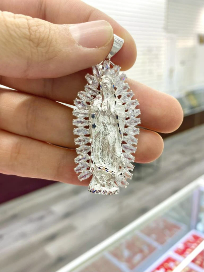 Virgen de Guadalupe Pendant CZ Sterling Silver Medalla de la Guadalupe Mens Womens Pendant