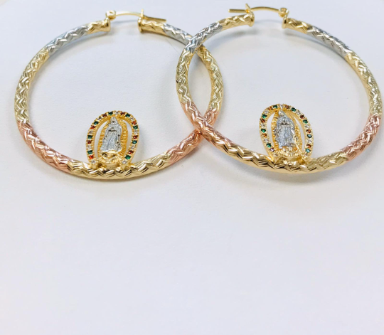 14K Gold Filled Virgen de Guadalupe Hoop Earrings 2x2", CZ Stones Mexican Flag