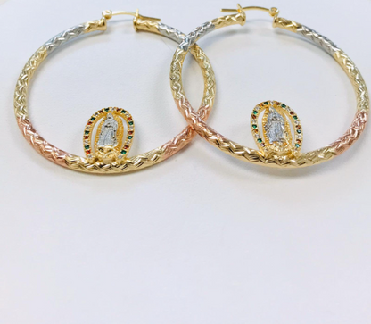 14K Gold Filled Virgen de Guadalupe Hoop Earrings 2x2", CZ Stones Mexican Flag