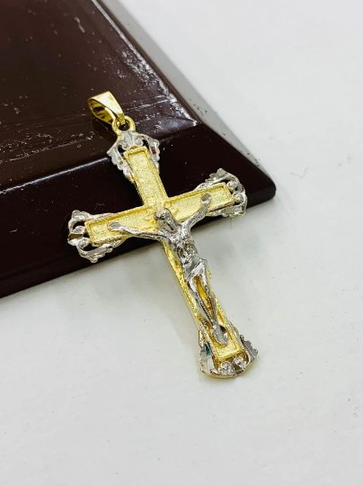 Two Tone Cross Necklace Charm Pendant for Mens 24" / Cross Charm Pendant 2x1.2" / Figaro Chain Necklace 3mm / Cadena de Cruz para Hombre