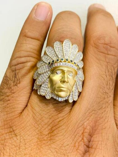 14K Solid Gold 1.40ctw Real Diamond "Native American" Men's Rings #10 Indian Head Ring