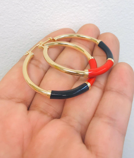 Azabache Hoop Earrings, 14K Gold Filled Hoop Earrings, Gold Black And Red Hoops Earrings for Womens / Argollas Arracadas de Azabache Oro Laminado