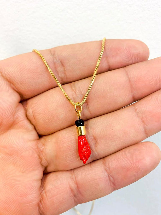 Cadena Box Link con Dije Rojo de Azabache para Mujer en Oro Laminado para la Proteccion / Gold Filled Red Azabache Hand Necklace for Protection 20" Inches